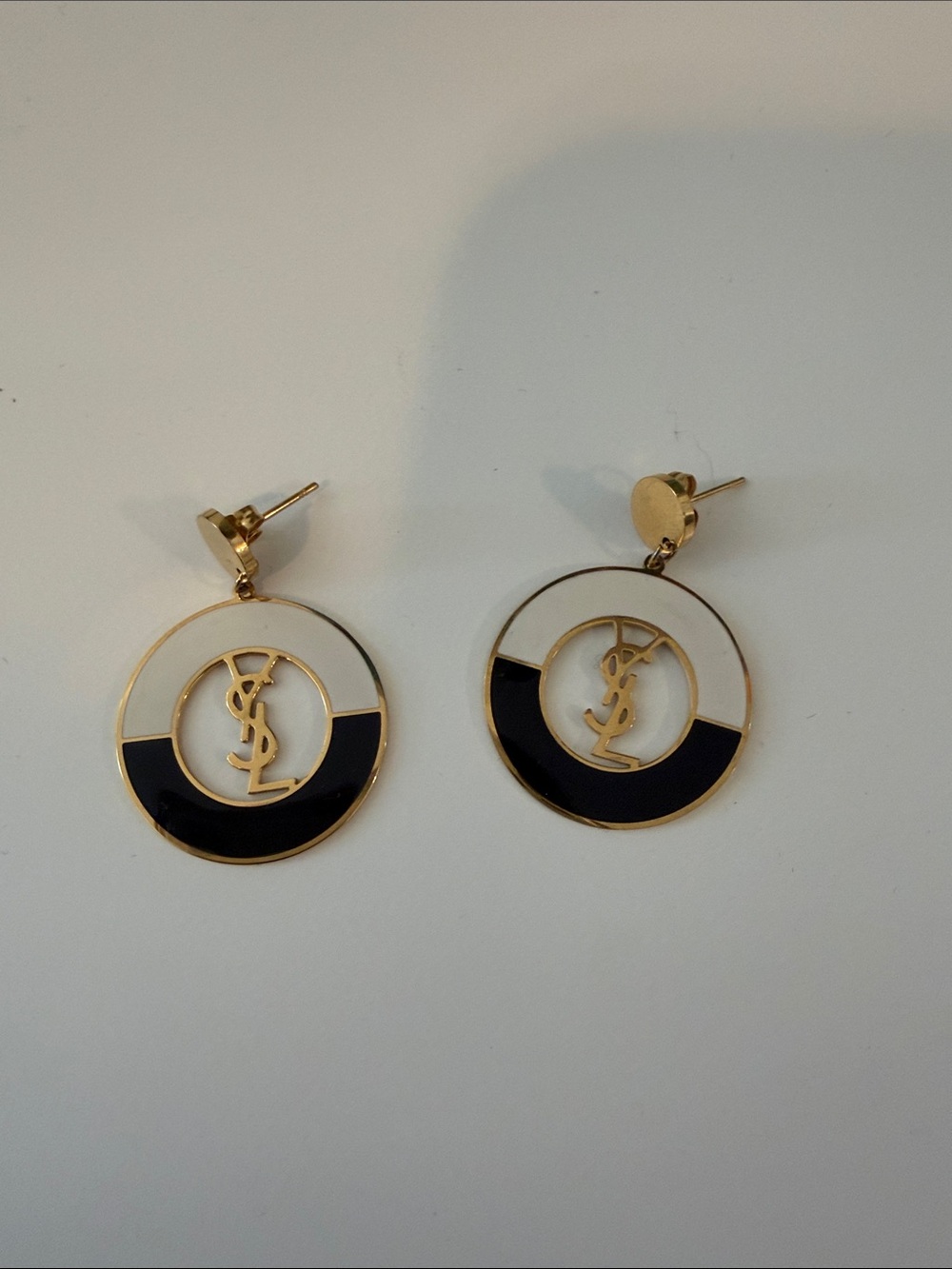 Yves Saint Laurent Gold, Black and White Round Logo Drop Earrings